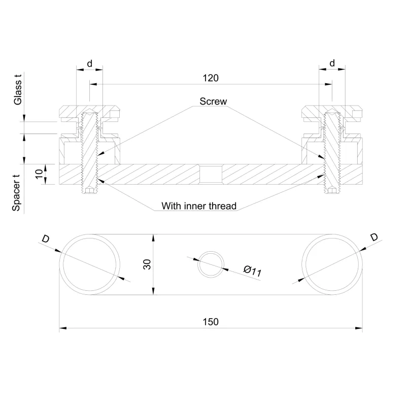Glass adaptor - double, D30, SS, satin - Strofix