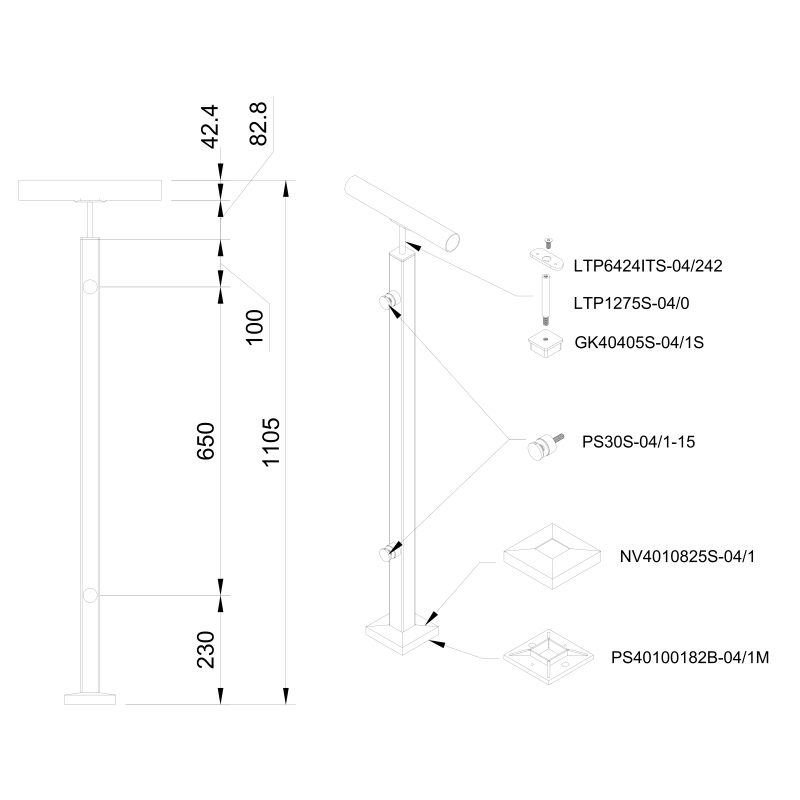 Glass railing system with glass adaptors for a flat surface - 42.4