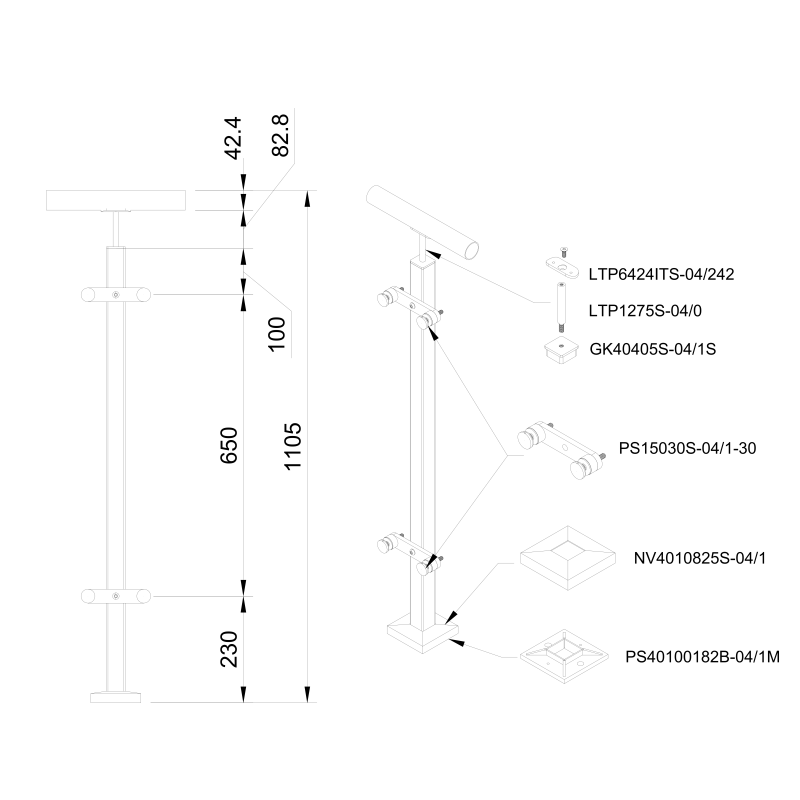 Glass railing system with glass adaptors for a flat surface - 42.4