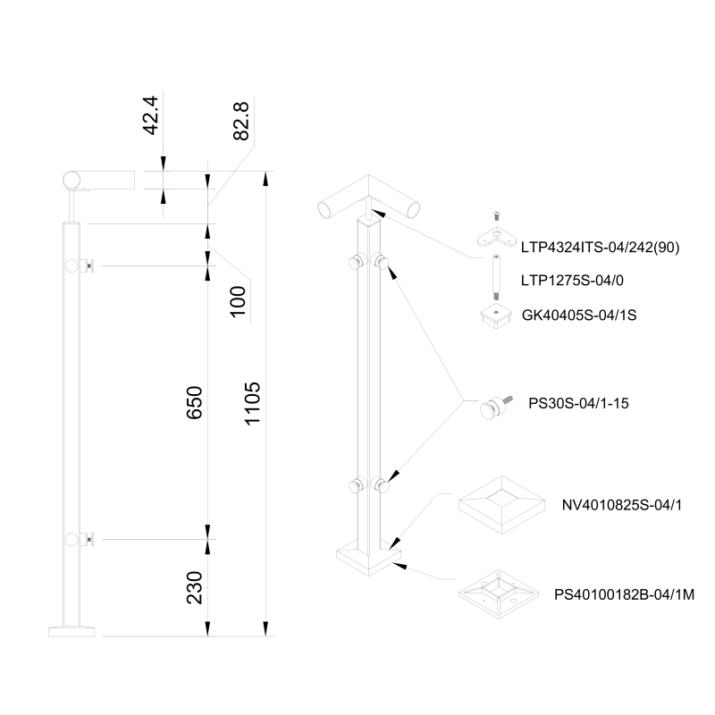 Glass railing system with glass adaptors for a flat surface - 42.4