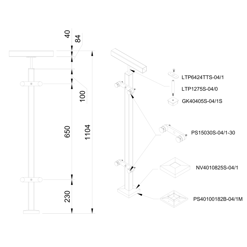 Glass railing system with glass adaptors for a flat surface - Flat